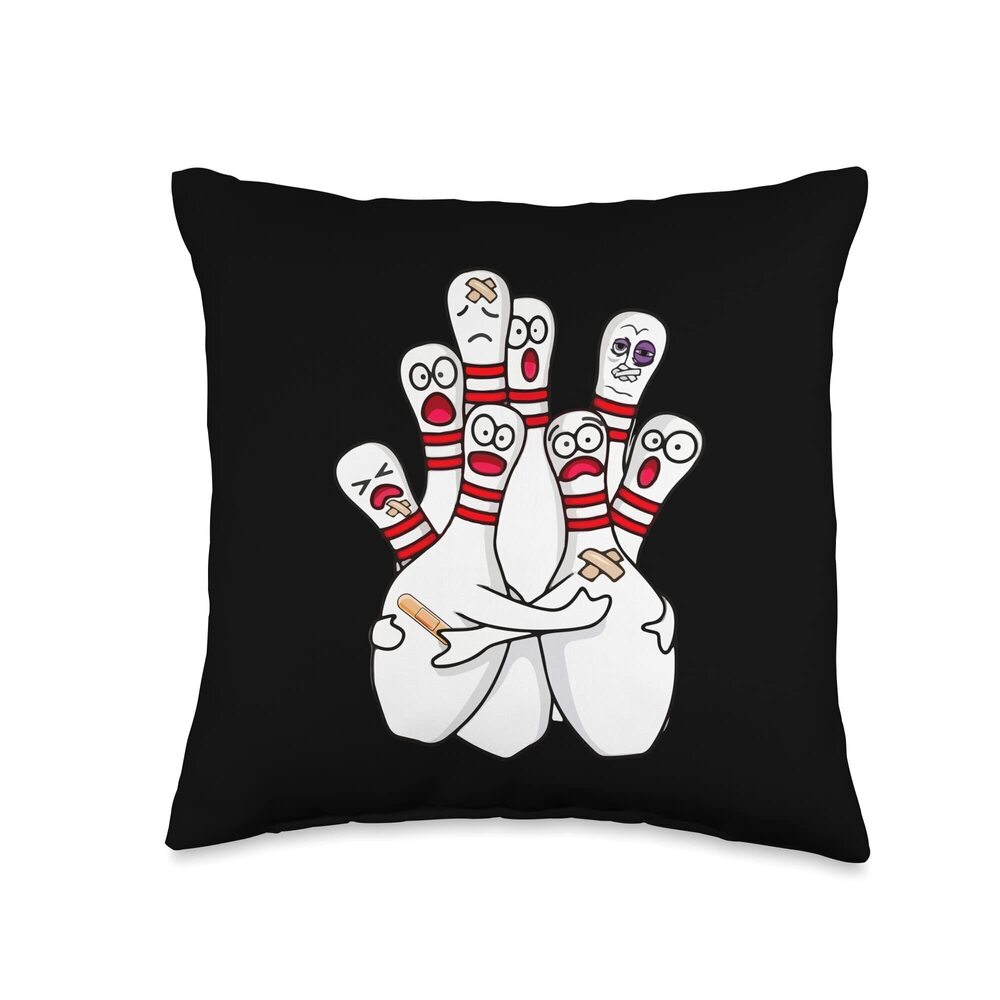 1594 Cartoon Bowling Scared Bowling Pins Funny Sport Bowler Throw Pillow
